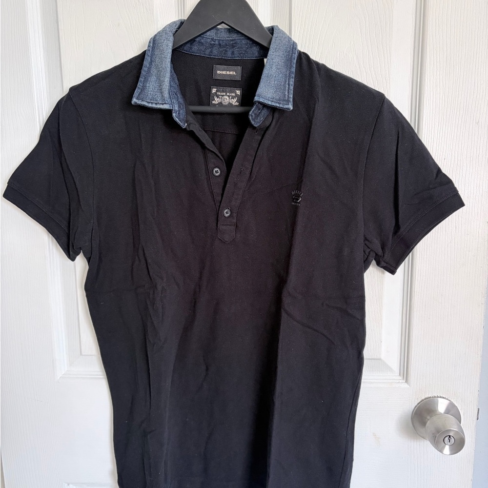 Diesel Men's Black Polo Shirt with Denim Collar M